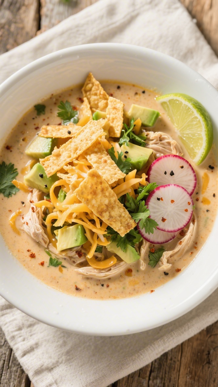 Tasty top view — loaded bowl with crunchy contrast: Overhead shot of a finished bowl of creamy chi