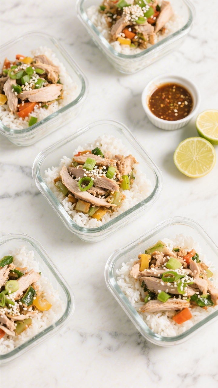 Tasty top view: Meal-prep assembly scene from above—five neat glass containers each with a fluffy