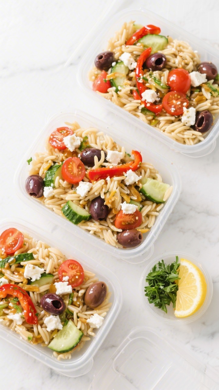 Tasty top view, meal-prep focus — Overhead shot of the finished orzo salad portioned into three cl