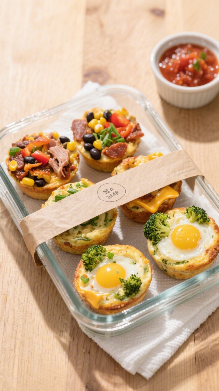Tasty top view: Meal-prep scene—neatly arranged airtight glass container holding six assorted egg
