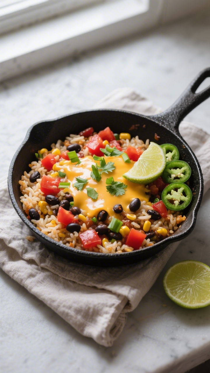 Tasty top view — One-pan taco rice just before cheese: Overhead shot of the simmered Mexican Taco