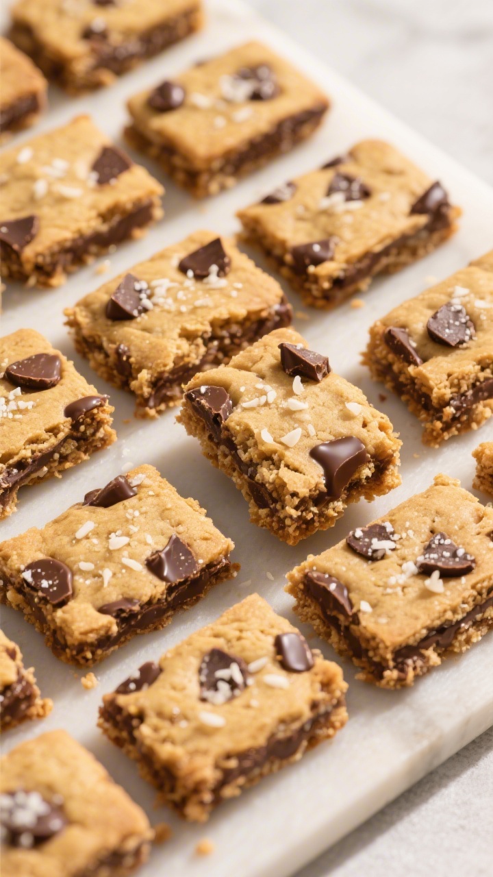 Tasty top view: Overhead board scene of multiple cookie bars arranged grid-style after cooling, show