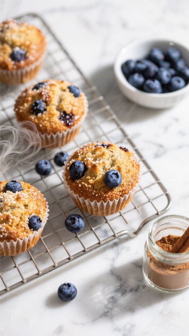 Tasty top view: Overhead brunch scene featuring a cooling rack with blueberry muffins sporting caram