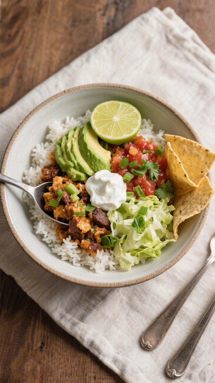 Tasty top view: Overhead burrito-bowl style serving—taco skillet spooned over fluffy white rice in