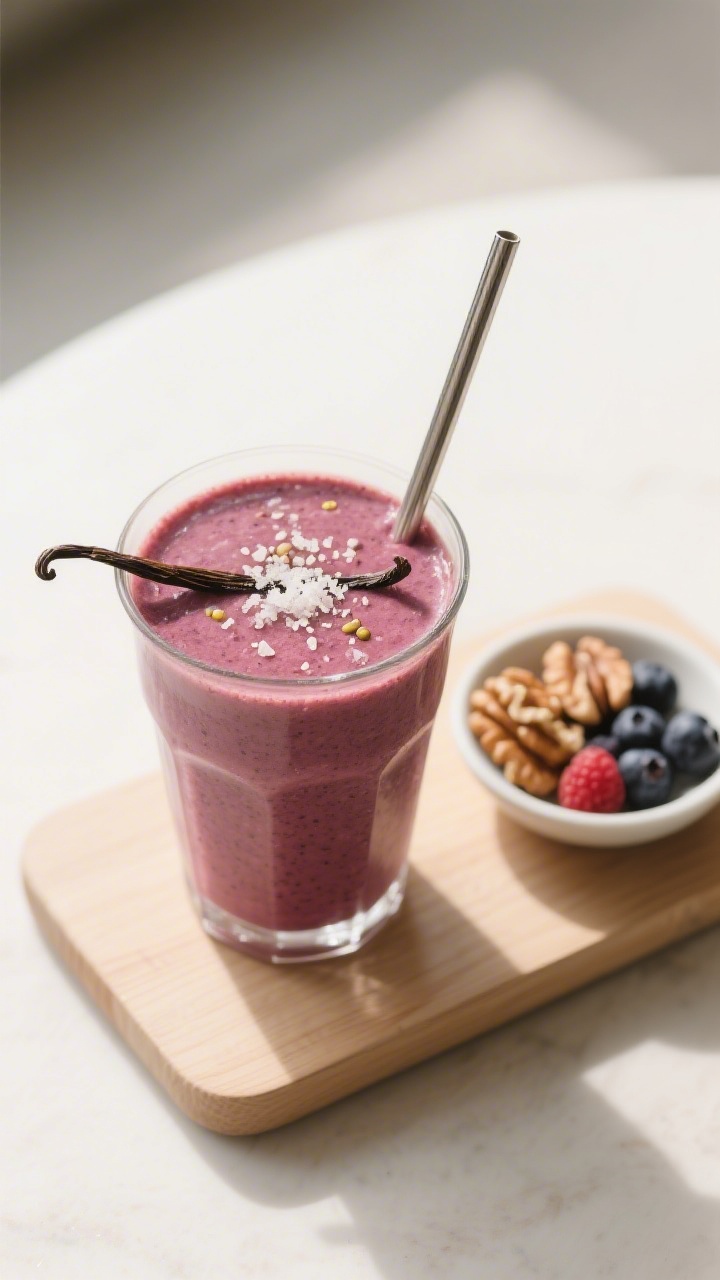 Tasty top view: Overhead café-style presentation of the berry smoothie in a clear tumbler with a sm