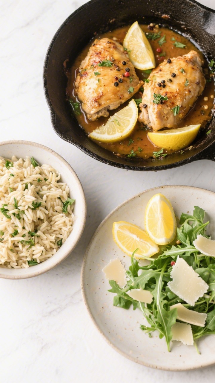 Tasty top view: Overhead dinner scene of a weeknight spread—skillet of finished lemon chicken with