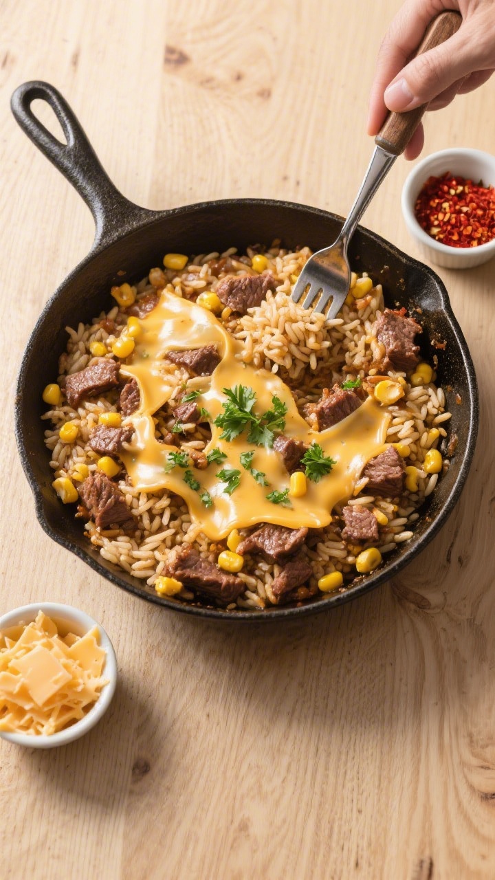 Tasty top view: Overhead family-style shot of the finished dish in a large skillet, fluffed with a f