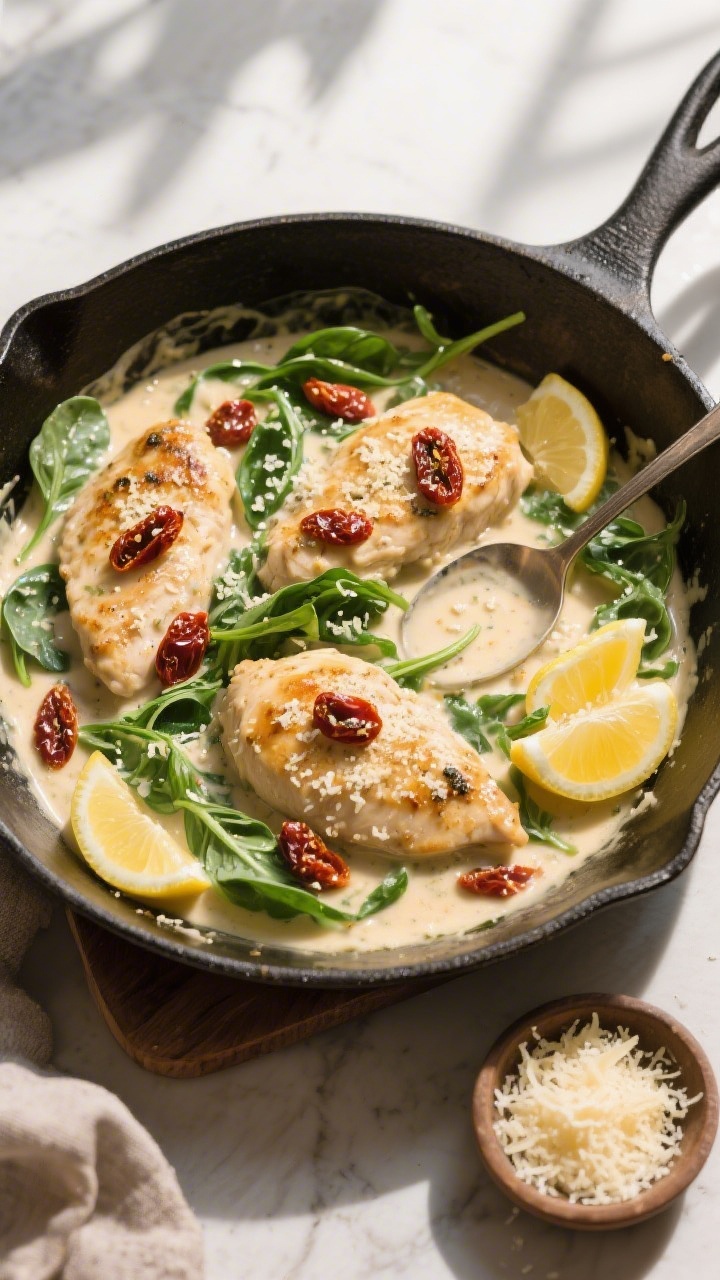 Tasty top view: Overhead family-style skillet presentation featuring Creamy Parmesan Chicken with ad