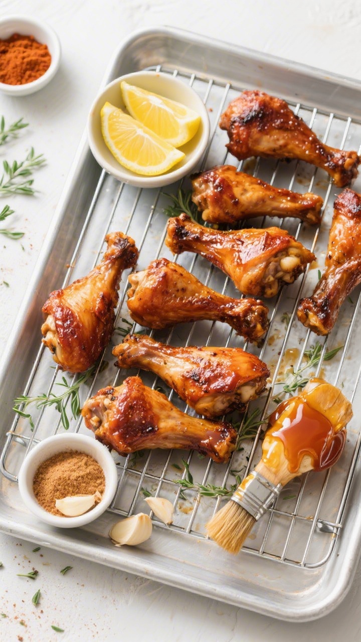 Tasty top view: Overhead flat lay of a sheet pan feast—deeply browned drumsticks on the rack, a sm