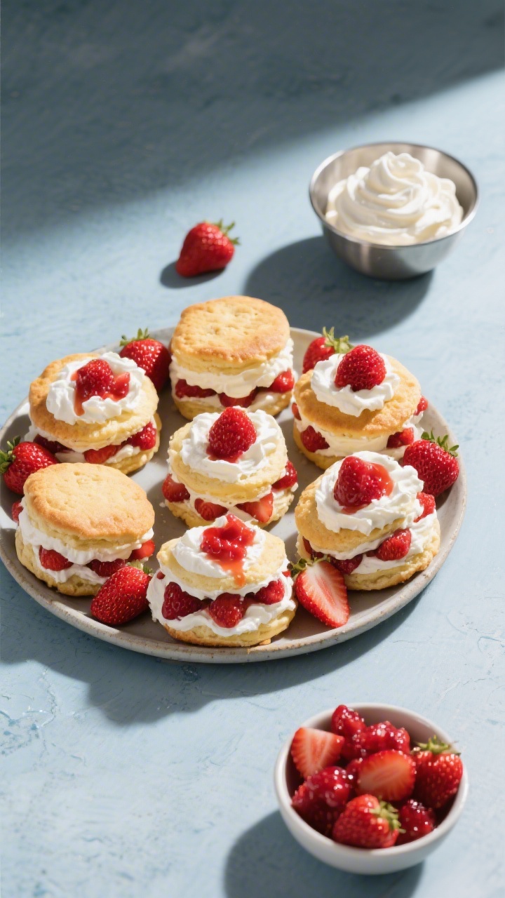 Tasty top view: Overhead hero shot of a platter of assembled strawberry shortcakes (6–8 pieces) sh