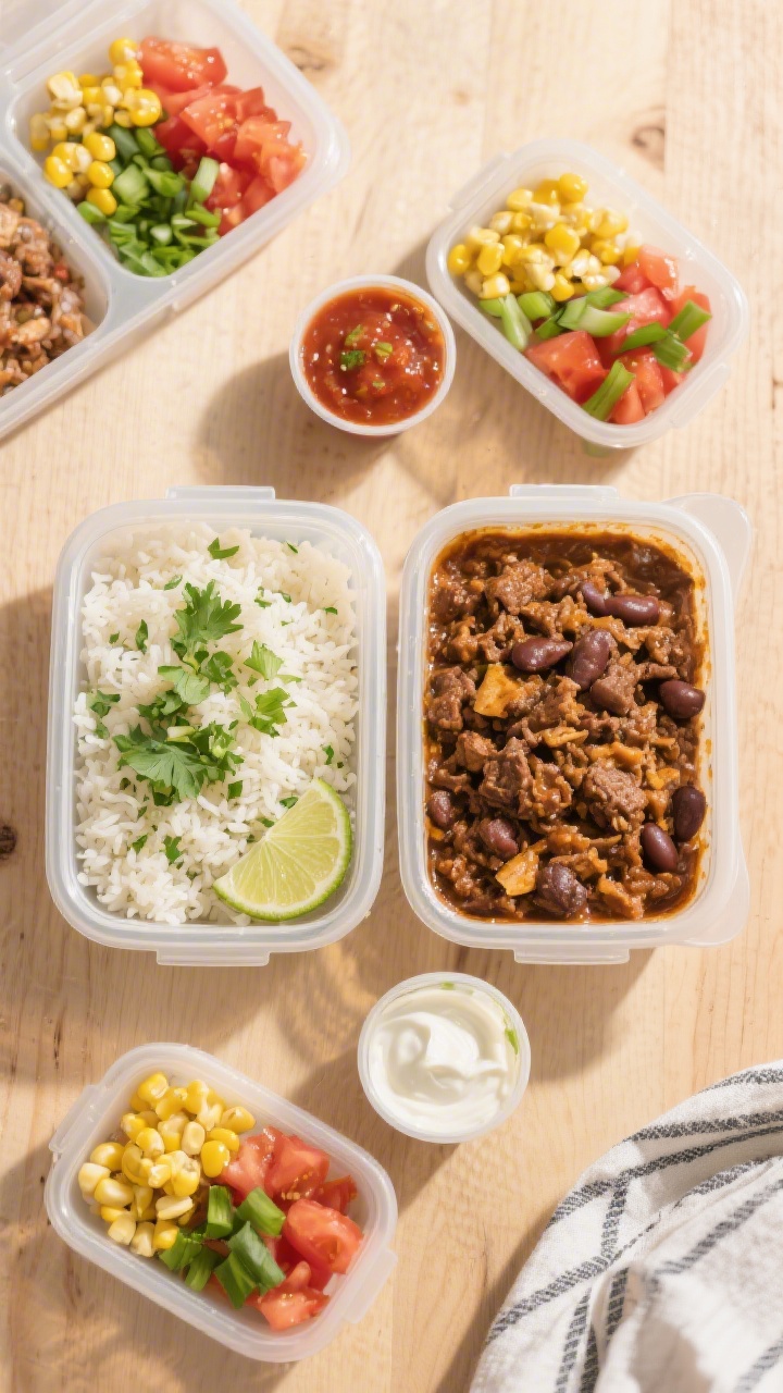 Tasty top view: Overhead hero shot of meal-prep containers neatly portioned—left side packed with