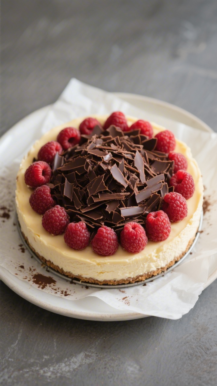 Tasty top view: Overhead hero shot of the fully set cheesecake on a parchment-lined springform base,