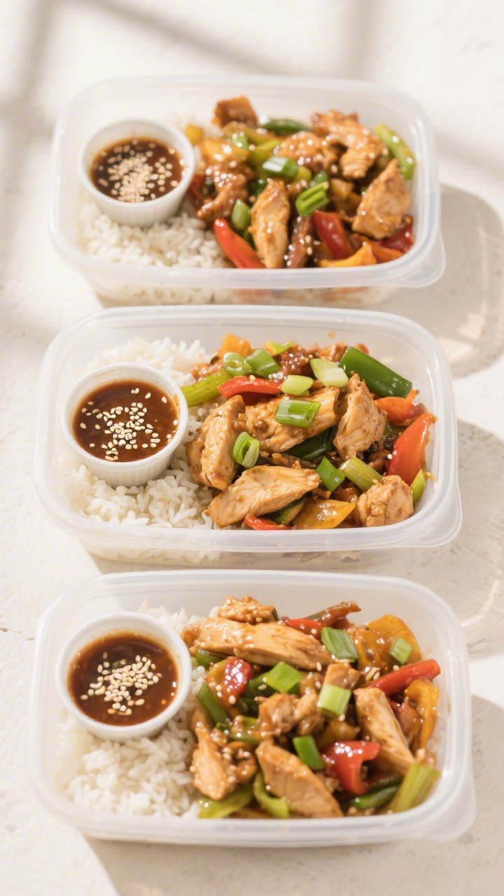 Tasty top view: Overhead meal-prep layout of three airtight containers filled with portions of chick