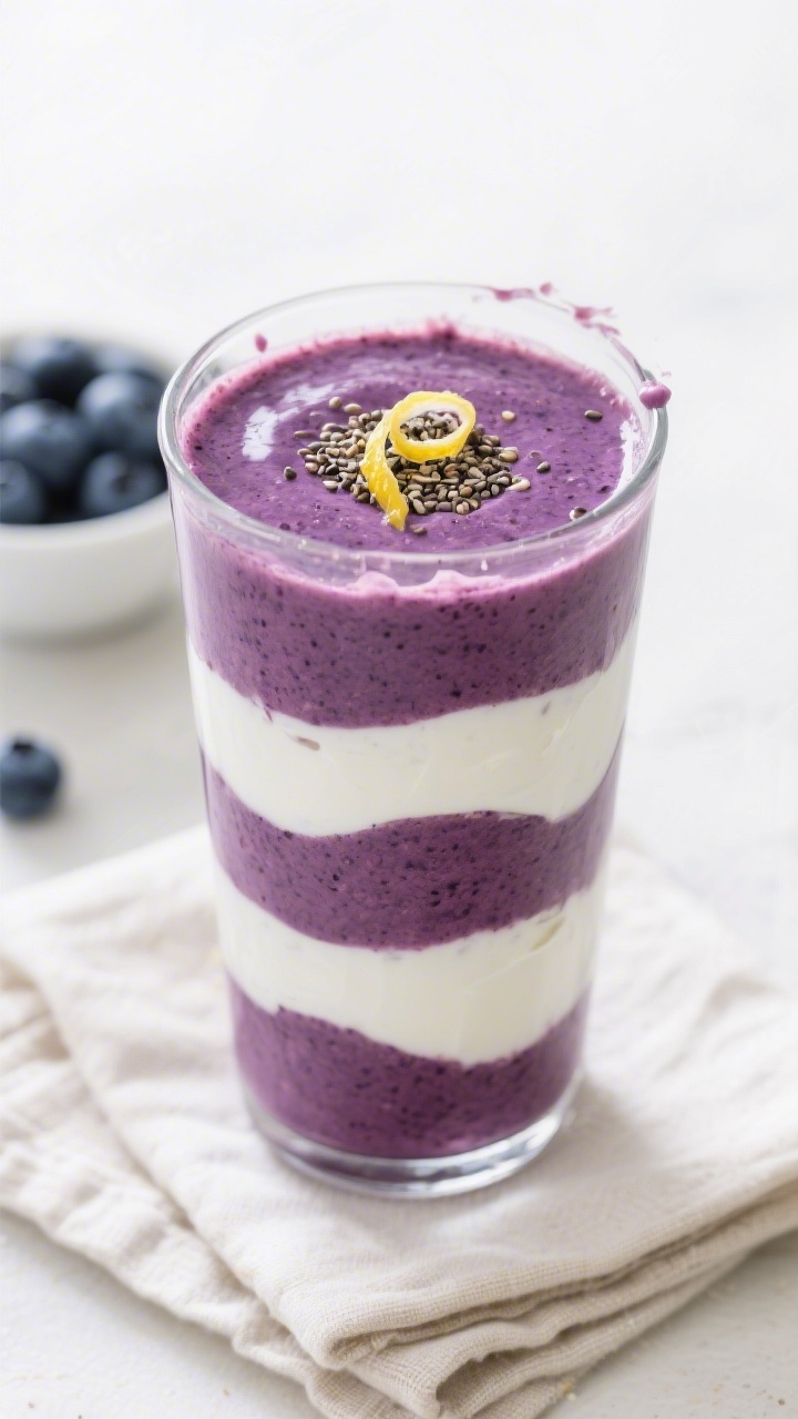 Tasty top view: Overhead parfait-style layered smoothie in a tall glass—alternating bands of deep