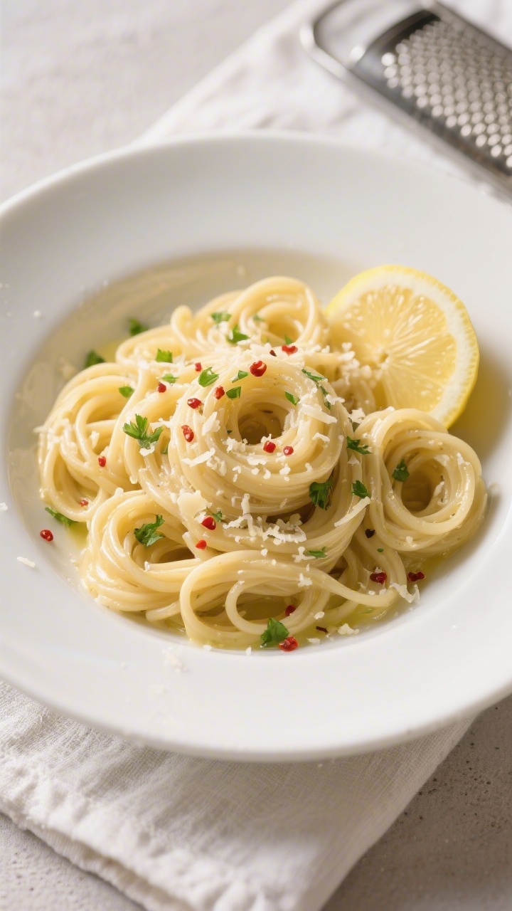Tasty top view, overhead plating: Overhead shot of garlic butter noodles twirled into neat nests in