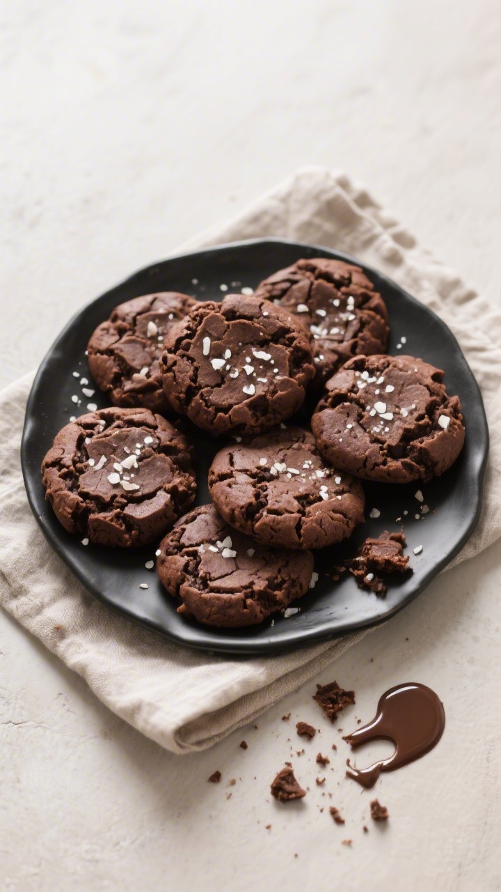Tasty top view: Overhead platter of finished brownie cookies arranged casually on a matte black plat