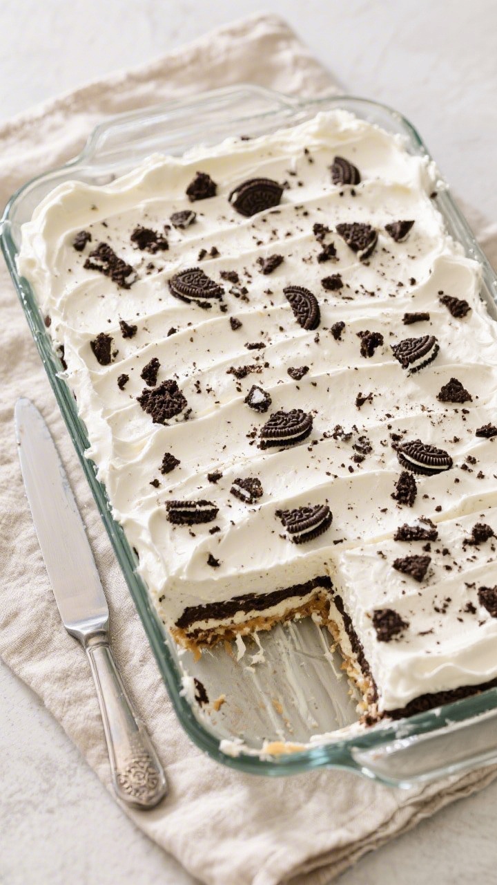 Tasty top view: Overhead shot of a 9x13 dish filled edge-to-edge with the finished No-Bake Oreo Dess
