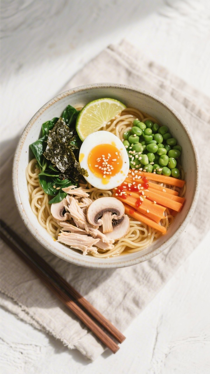 Tasty top view: Overhead shot of a budget chicken ramen bowl styled beautifully—springy noodles, s