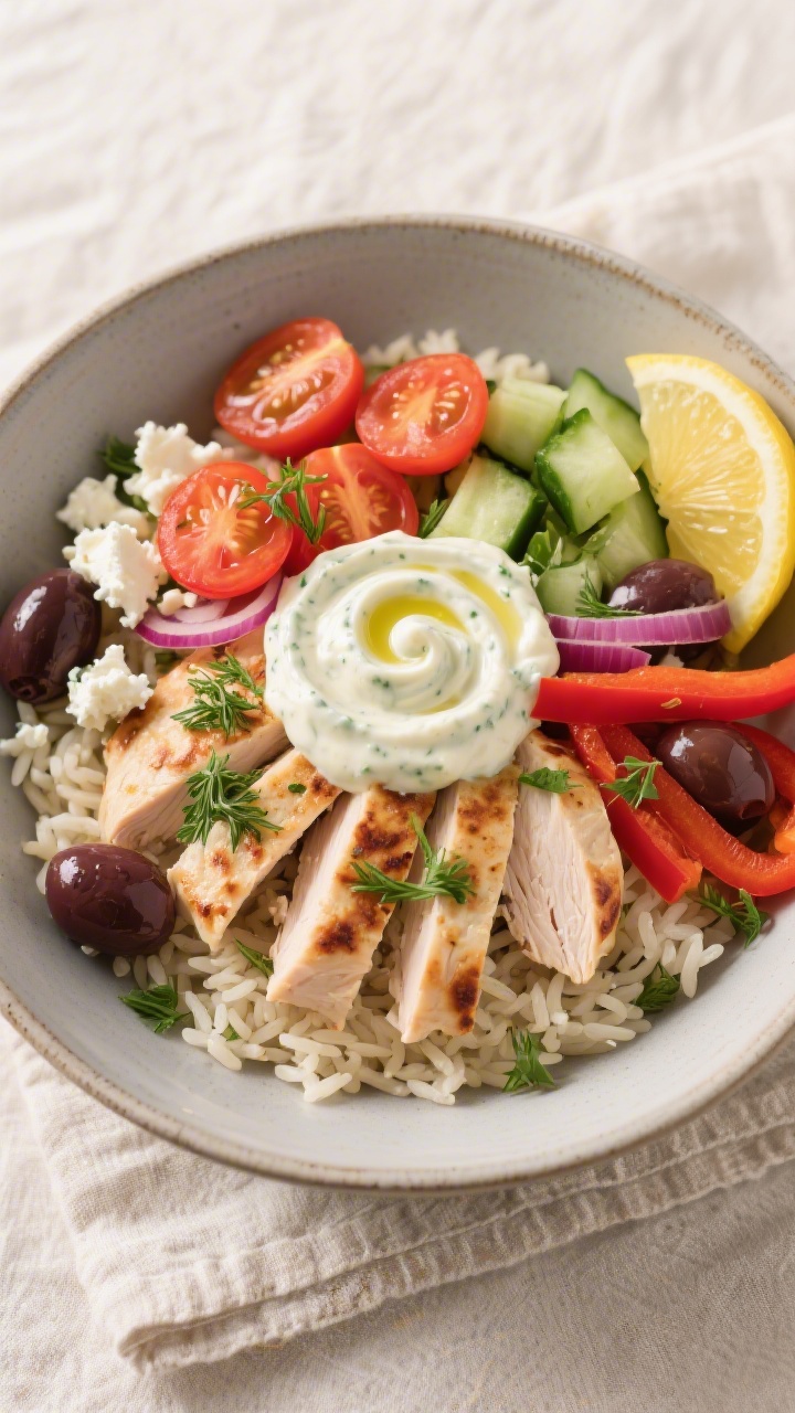 Tasty top view: Overhead shot of a built Greek Chicken Gyro Bowl with warm basmati rice base, fanned