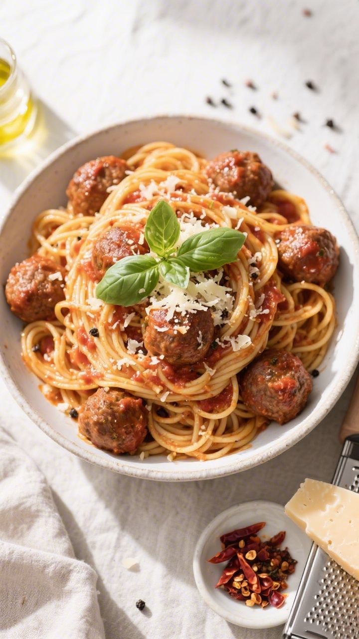 Tasty top view: Overhead shot of a family-style serving bowl piled high with spaghetti and meatballs