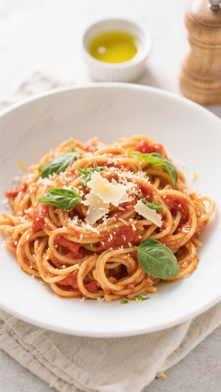 Tasty top view: Overhead shot of a finished bowl of tomato basil pasta twirled high, sauce clinging