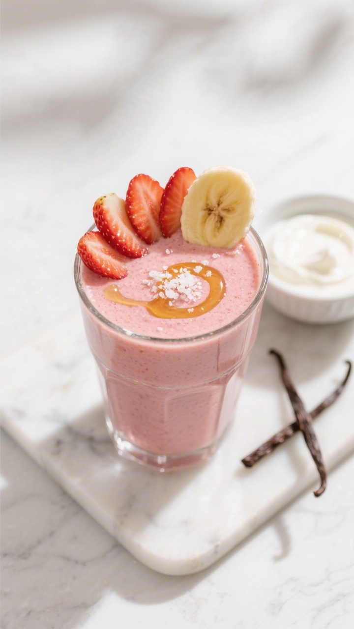 Tasty top view: Overhead shot of a freshly poured strawberry banana smoothie in a chilled glass, cro