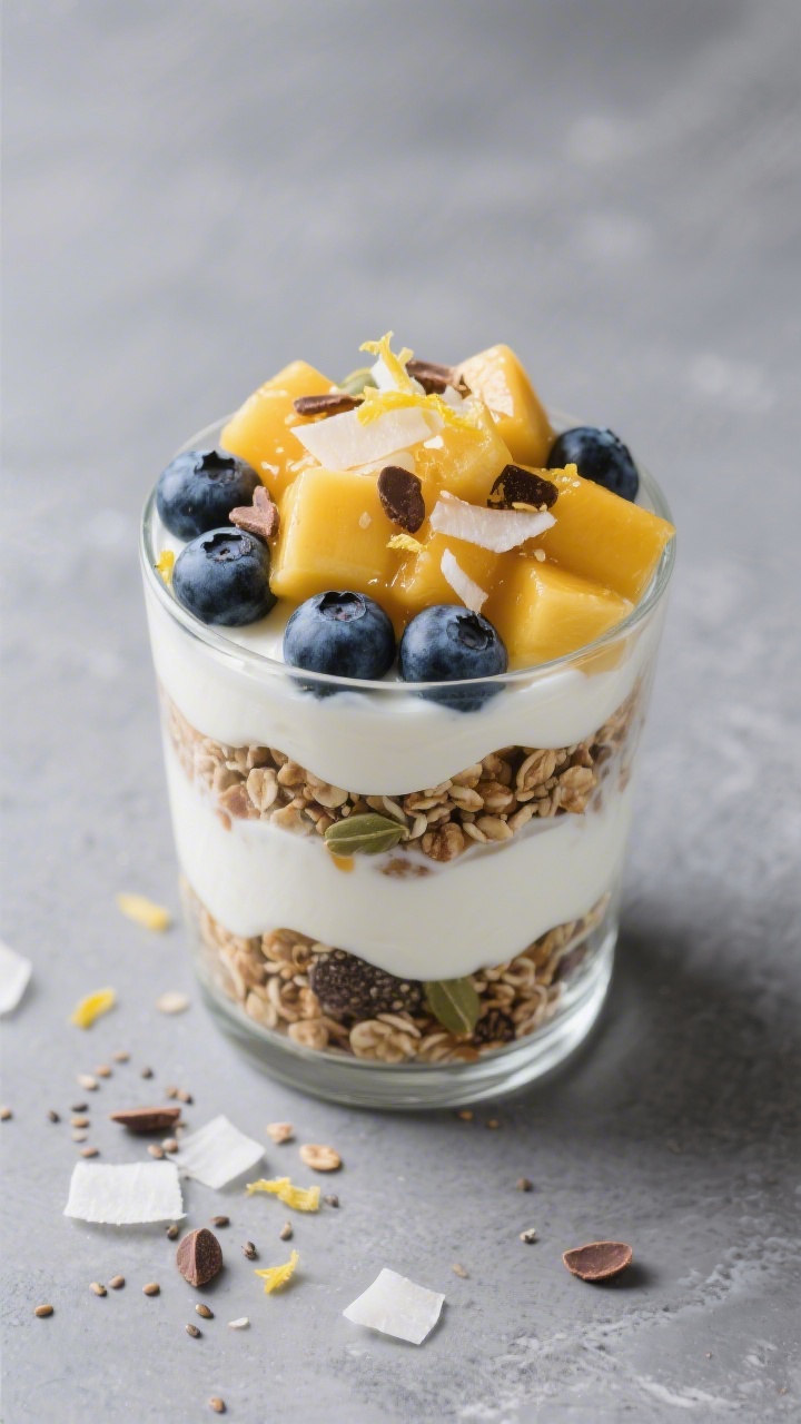 Tasty top view: Overhead shot of a fully assembled high-protein Greek yogurt parfait in a short glas