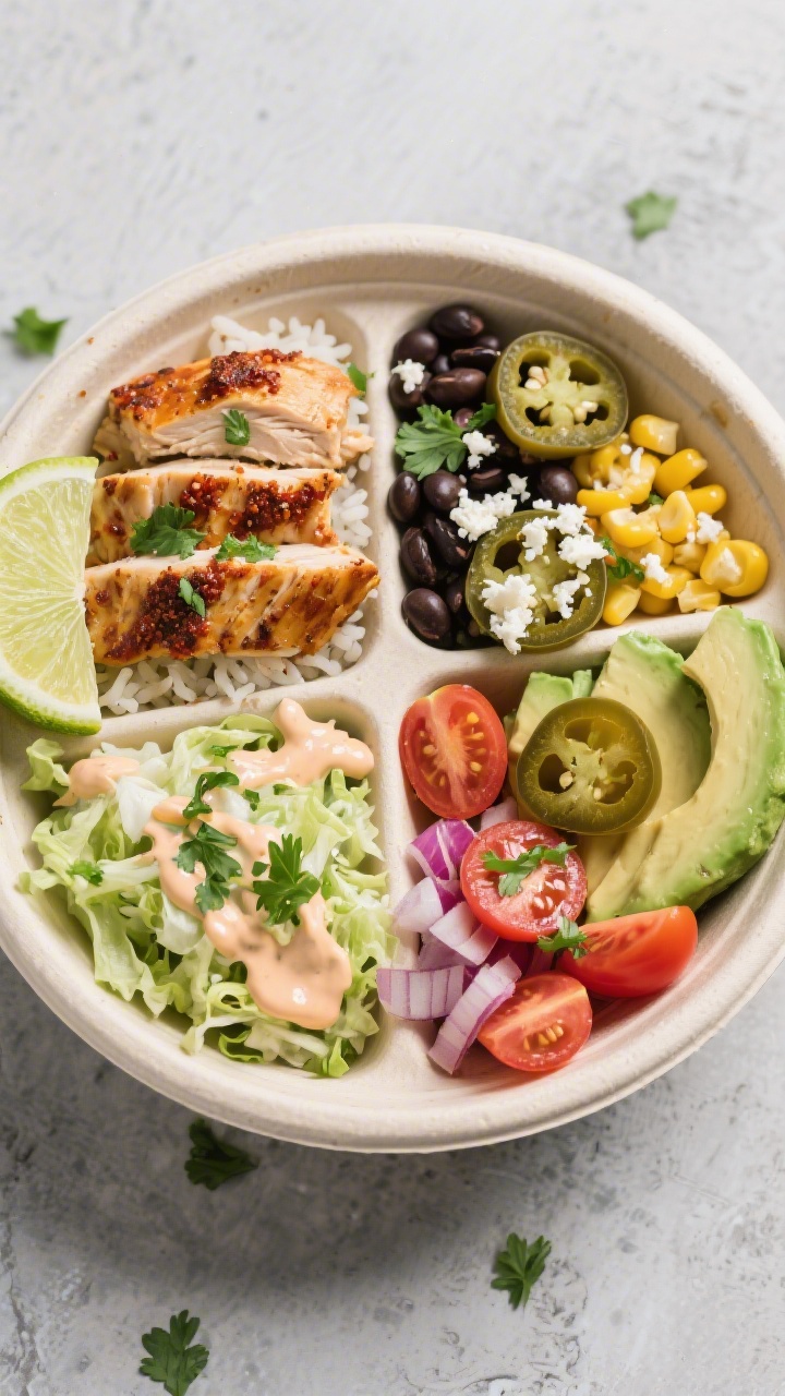 Tasty top view: Overhead shot of a fully assembled high-protein chicken taco bowl—quadrants of cil