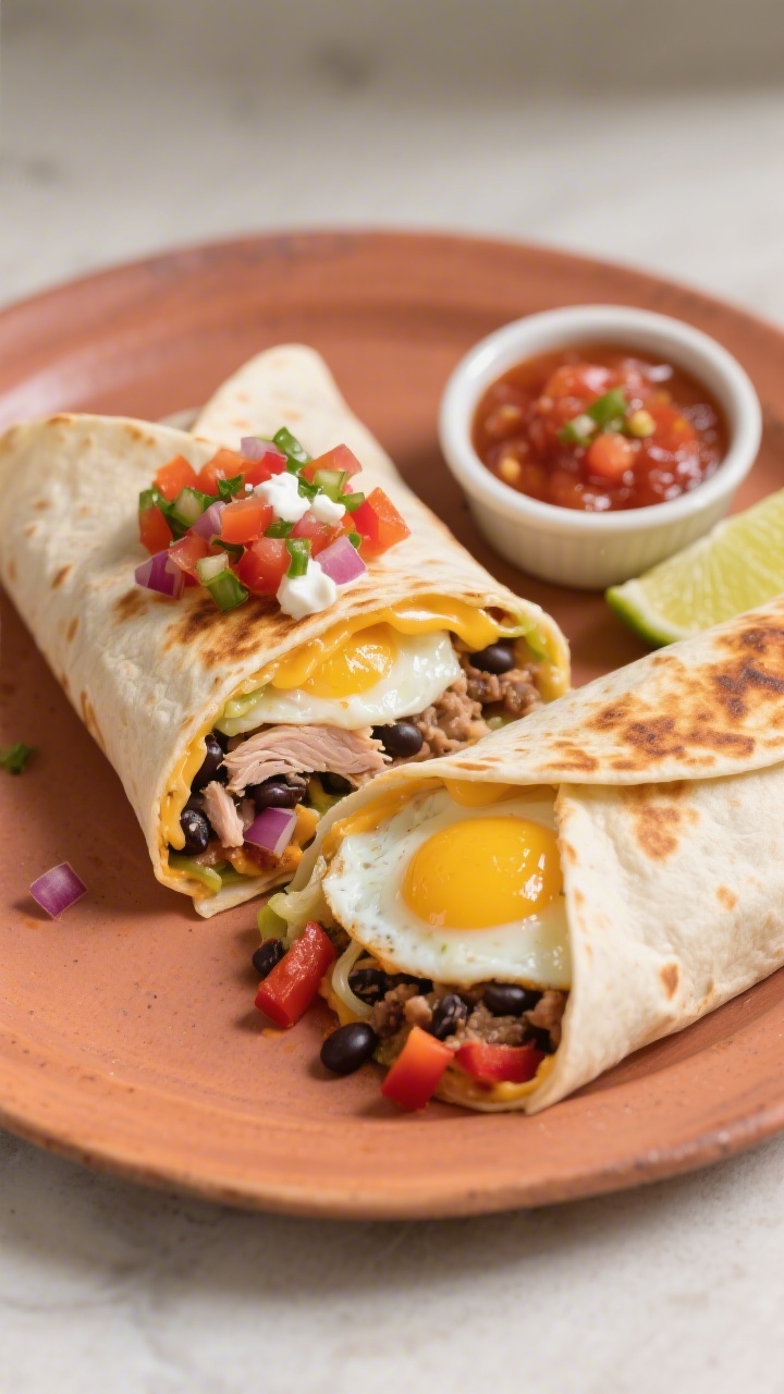 Tasty top view: Overhead shot of a high-protein breakfast burrito cut in half, seam-side crisped to
