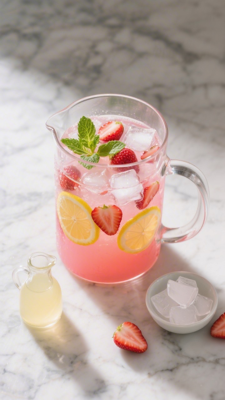 Tasty top view: Overhead shot of a large glass pitcher of assembled strawberry lemonade on a marble