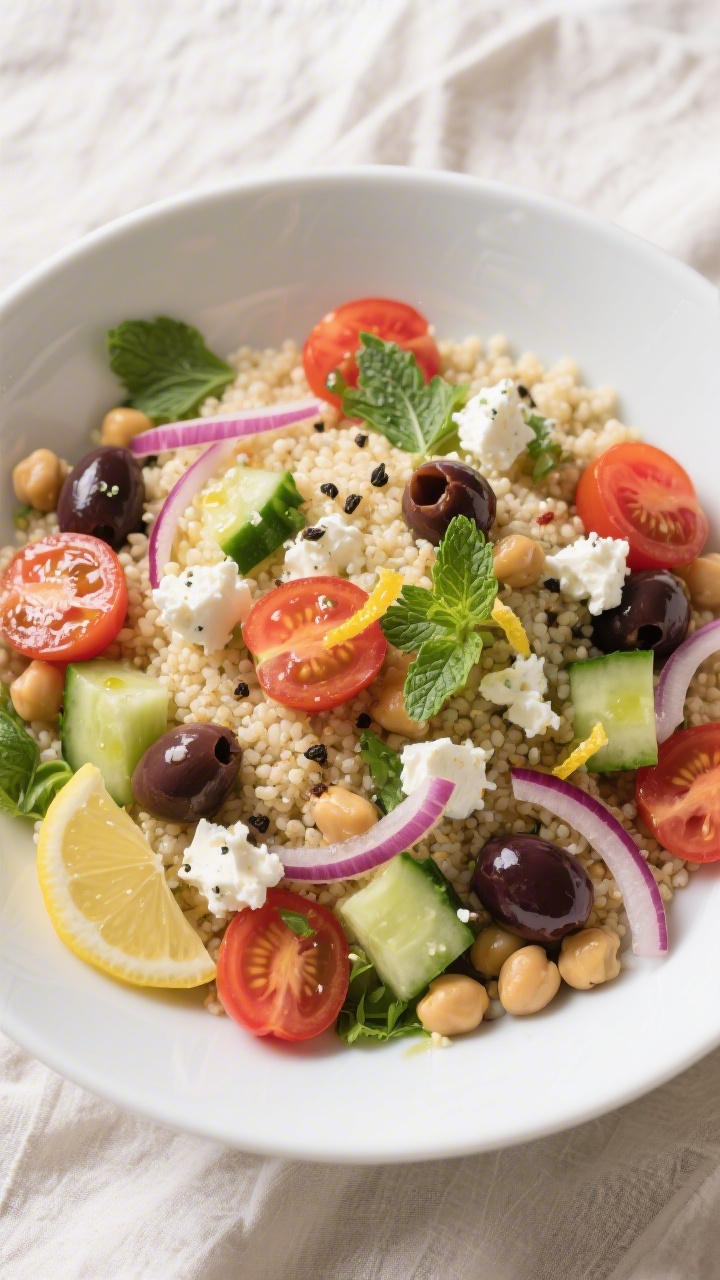 Tasty top view: Overhead shot of a Mediterranean couscous bowl fully assembled—fluffy couscous top