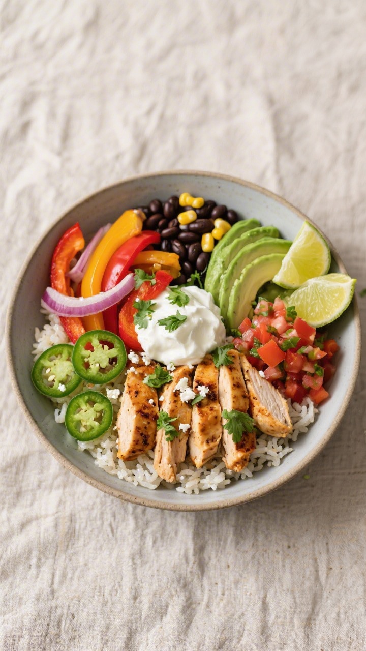 Tasty top view: Overhead shot of a Mexican Chicken Fajita Bowl assembled on cilantro-lime rice, neat