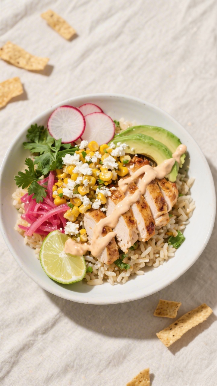 Tasty top view: Overhead shot of a Mexican Street Corn Chicken Bowl built over cilantro-lime rice—