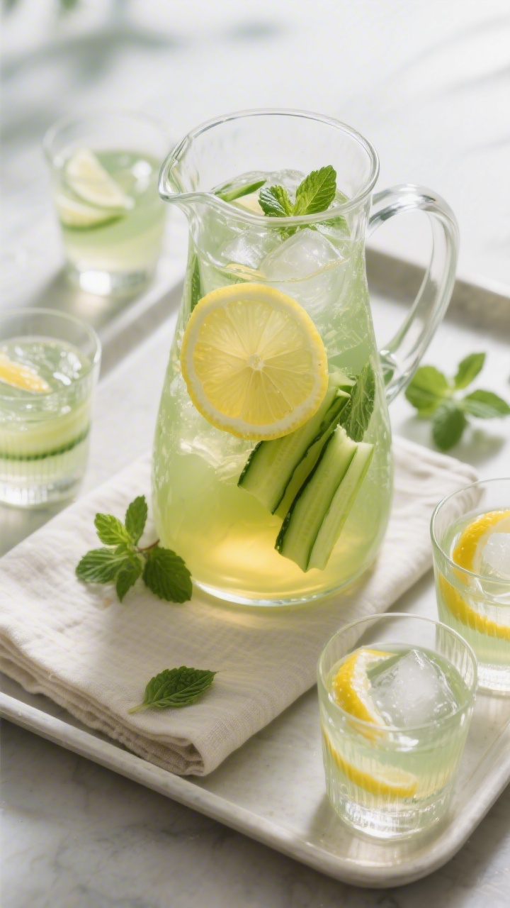 Tasty top view: Overhead shot of a pitcher of iced green tea lemon drink, translucent golden-green c