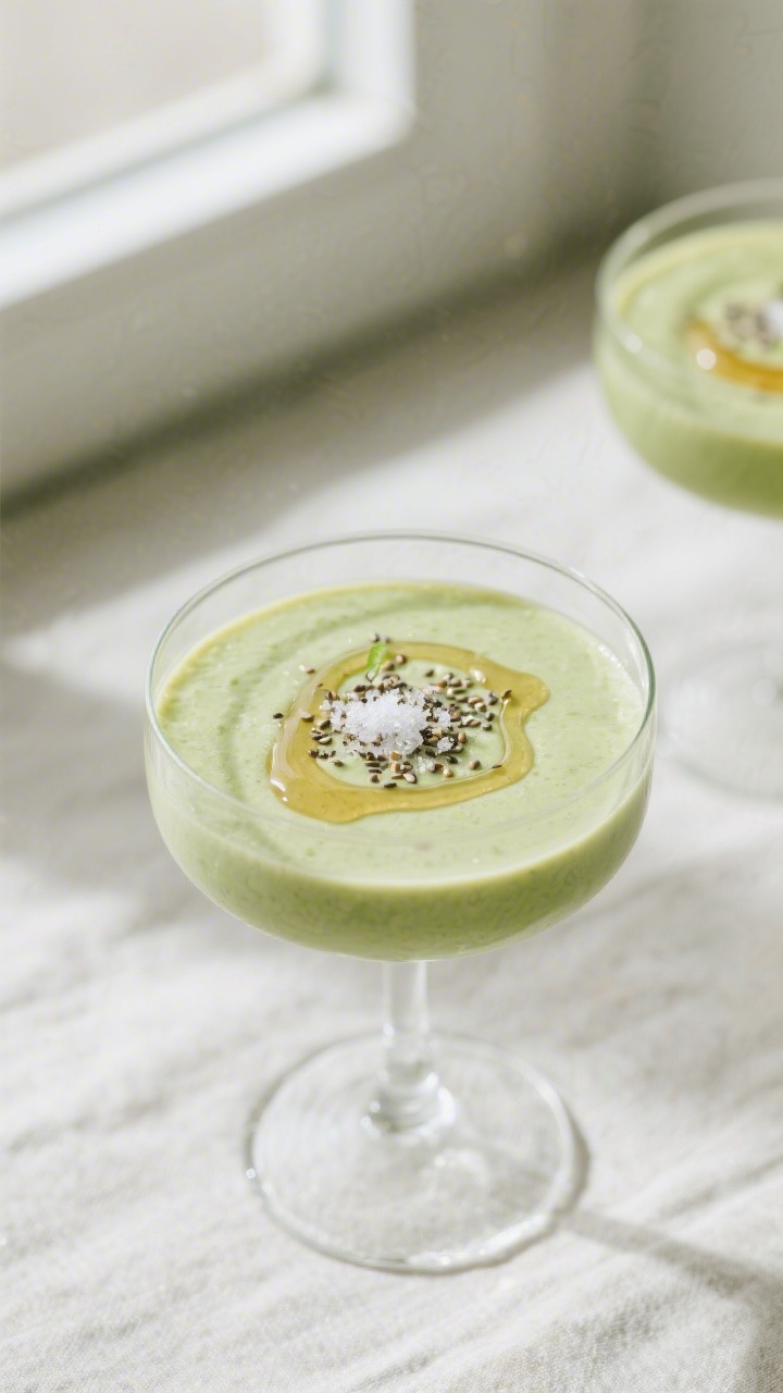 Tasty top view: Overhead shot of a poured avocado smoothie in a chilled, clear tulip glass, pale gre