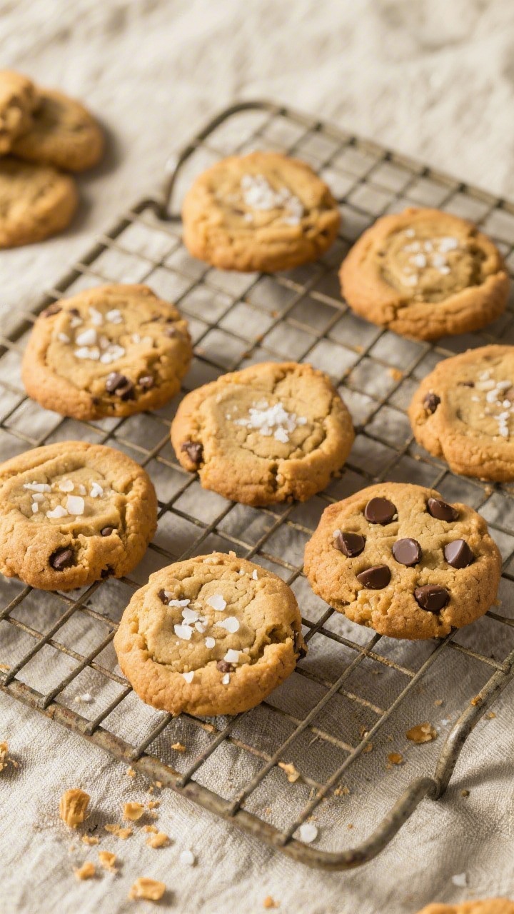 Tasty top view: Overhead shot of a rustic cooling rack filled with soft peanut butter cookies, a few