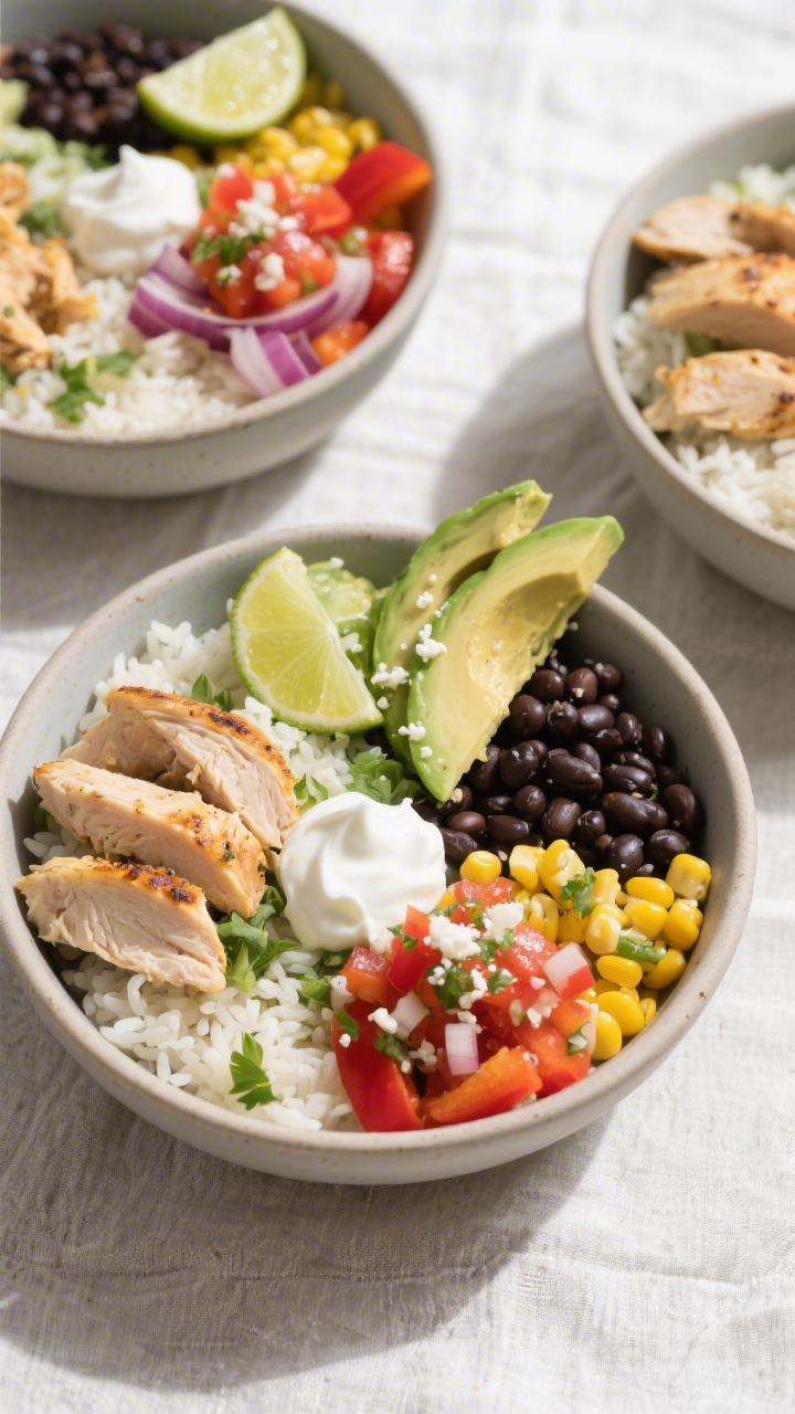 Tasty top view: Overhead shot of assembled chicken burrito bowls—fluffy cilantro-lime rice, juicy 