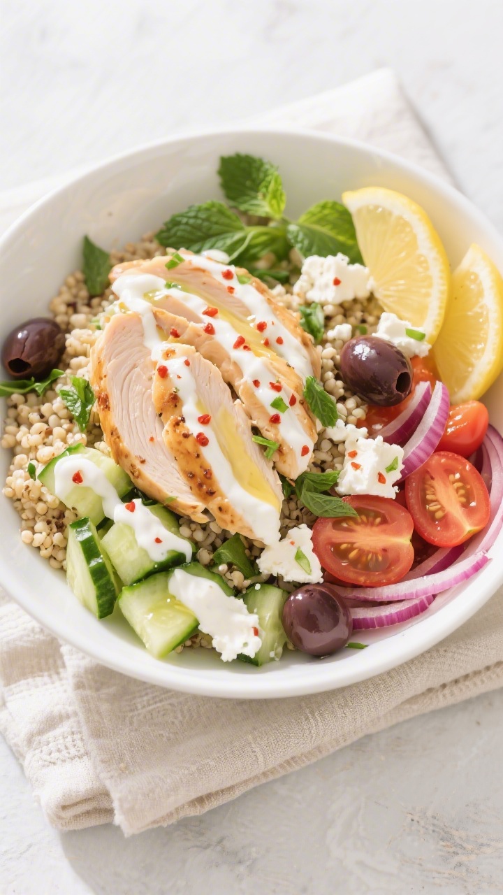 Tasty top view: Overhead shot of assembled Mediterranean chicken bowl—fluffy quinoa base topped wi