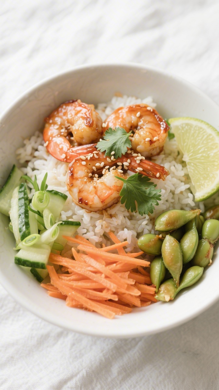 Tasty top view: Overhead shot of assembled shrimp rice bowl—fluffy jasmine rice topped with glazed