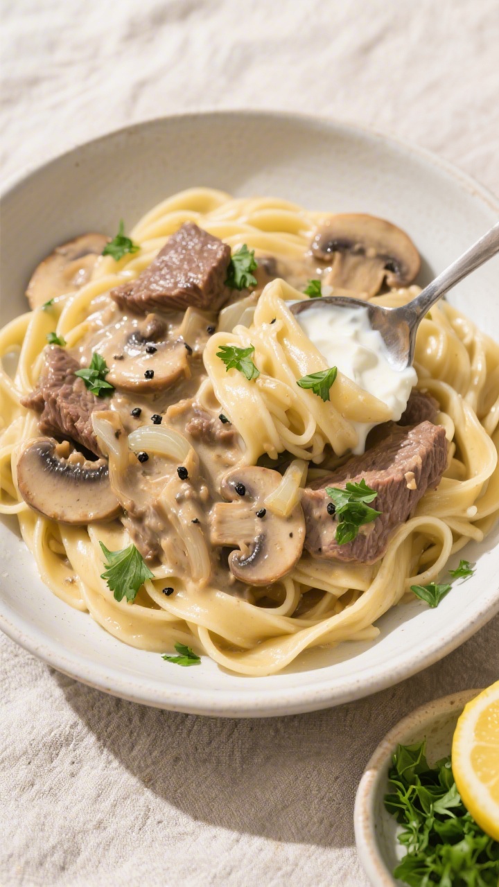 Tasty top view: Overhead shot of classic beef stroganoff spooned over buttered egg noodles in a wide
