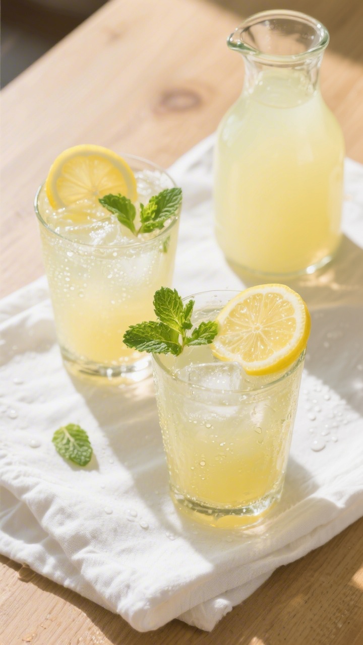 Tasty top view: Overhead shot of classic lemonade served over clinking ice in two highball glasses,