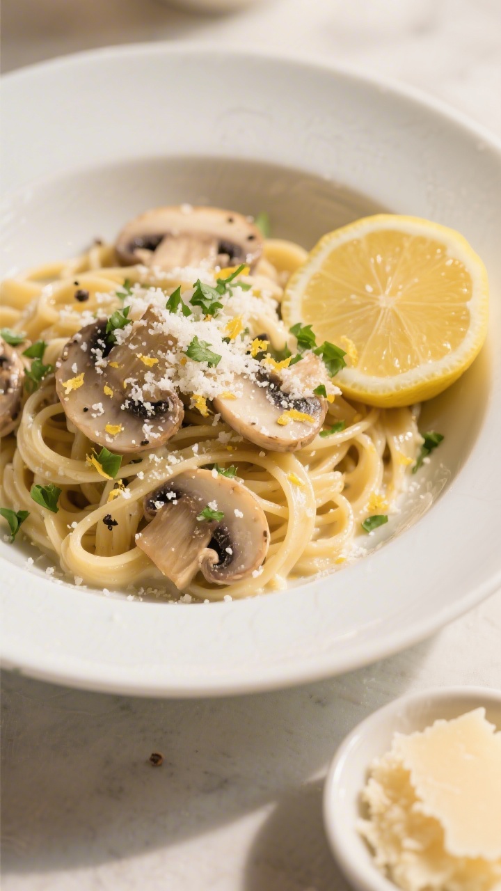 Tasty top view: Overhead shot of creamy Italian mushroom pasta twirled into loose nests in a shallow