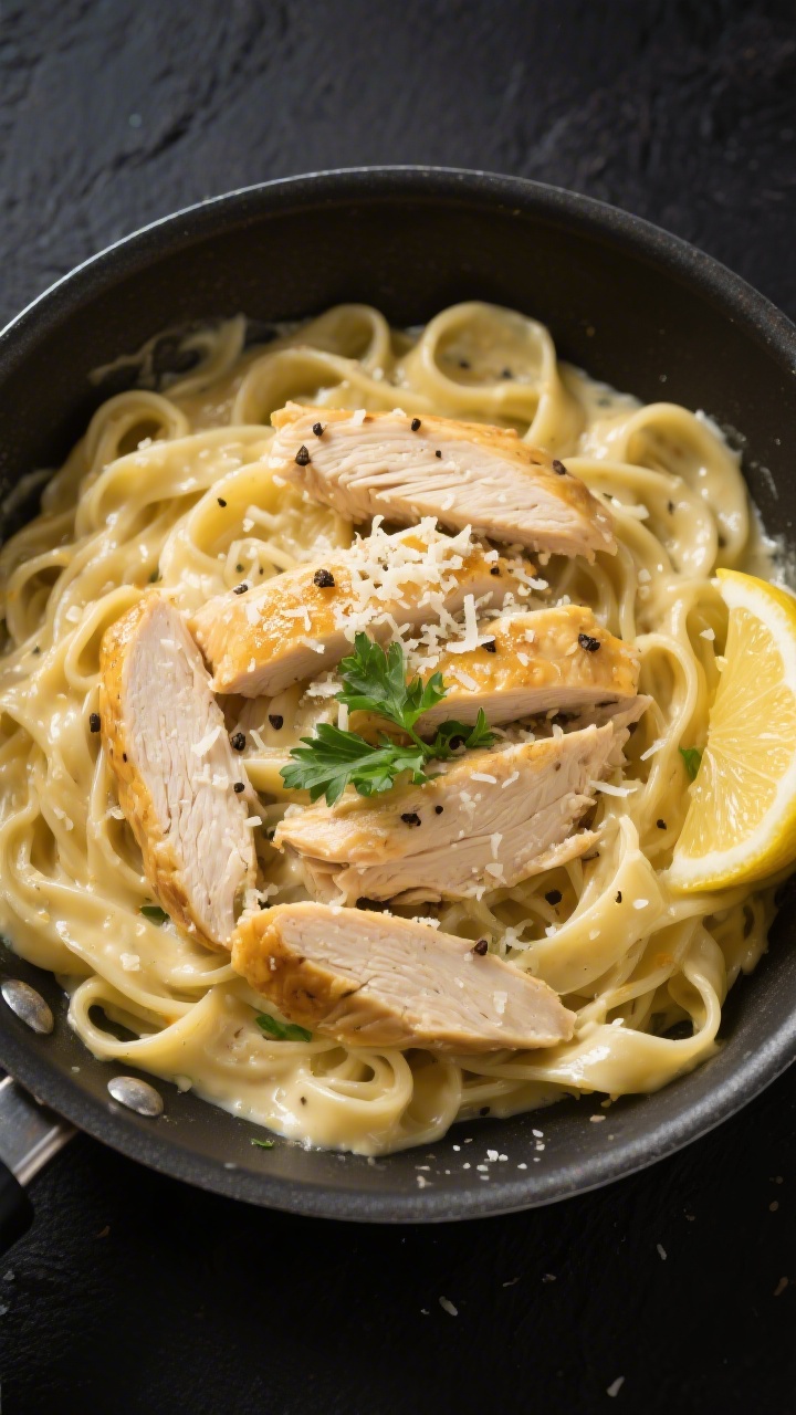 Tasty top view: Overhead shot of fettuccine Alfredo tossed with sliced golden chicken in the skillet