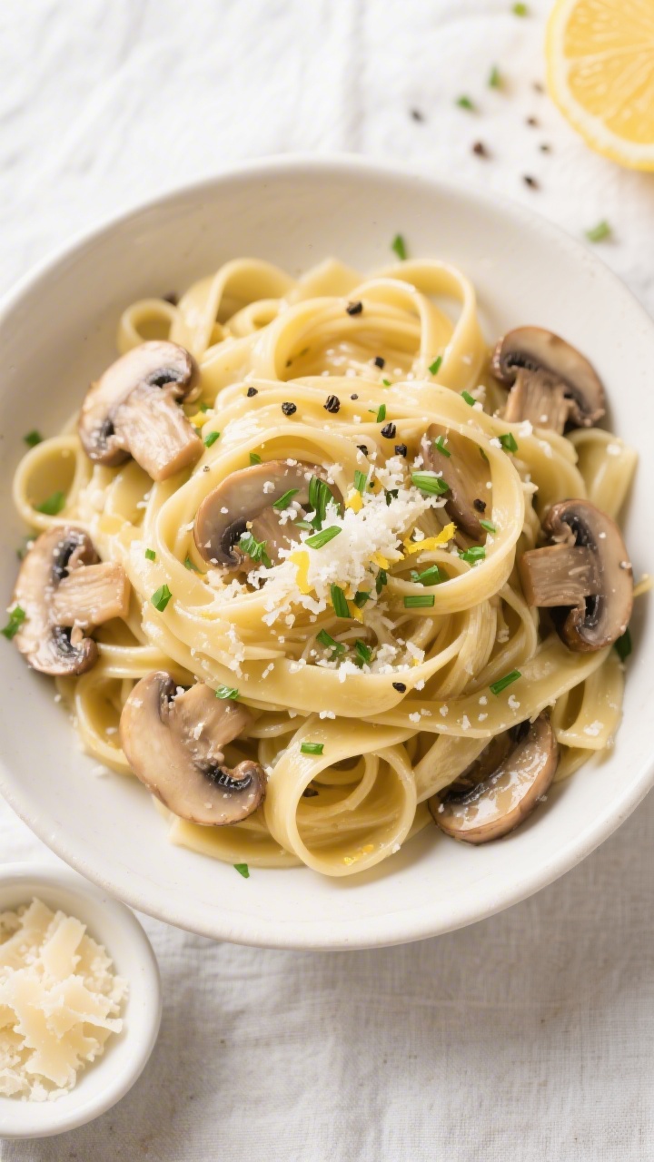 Tasty top view – Overhead shot of fettuccine tossed in the glossy sauce: noodles twirled into loos