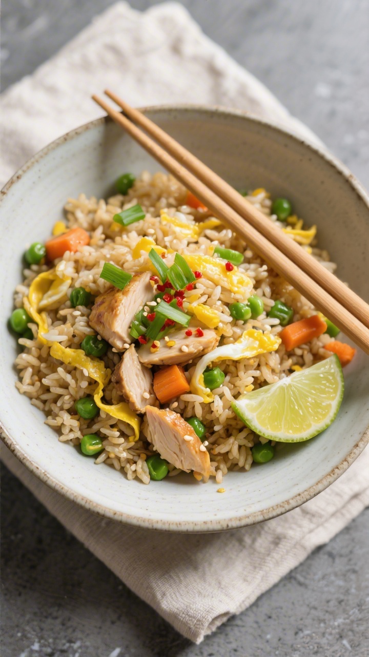 Tasty top view: overhead shot of finished budget chicken fried rice in a wide, shallow ceramic bowl;
