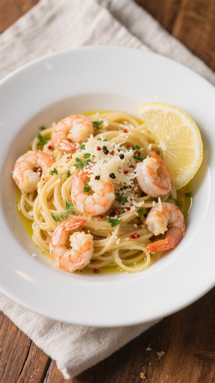 Tasty top view: Overhead shot of garlic butter shrimp pasta twirled into nests in a wide white pasta