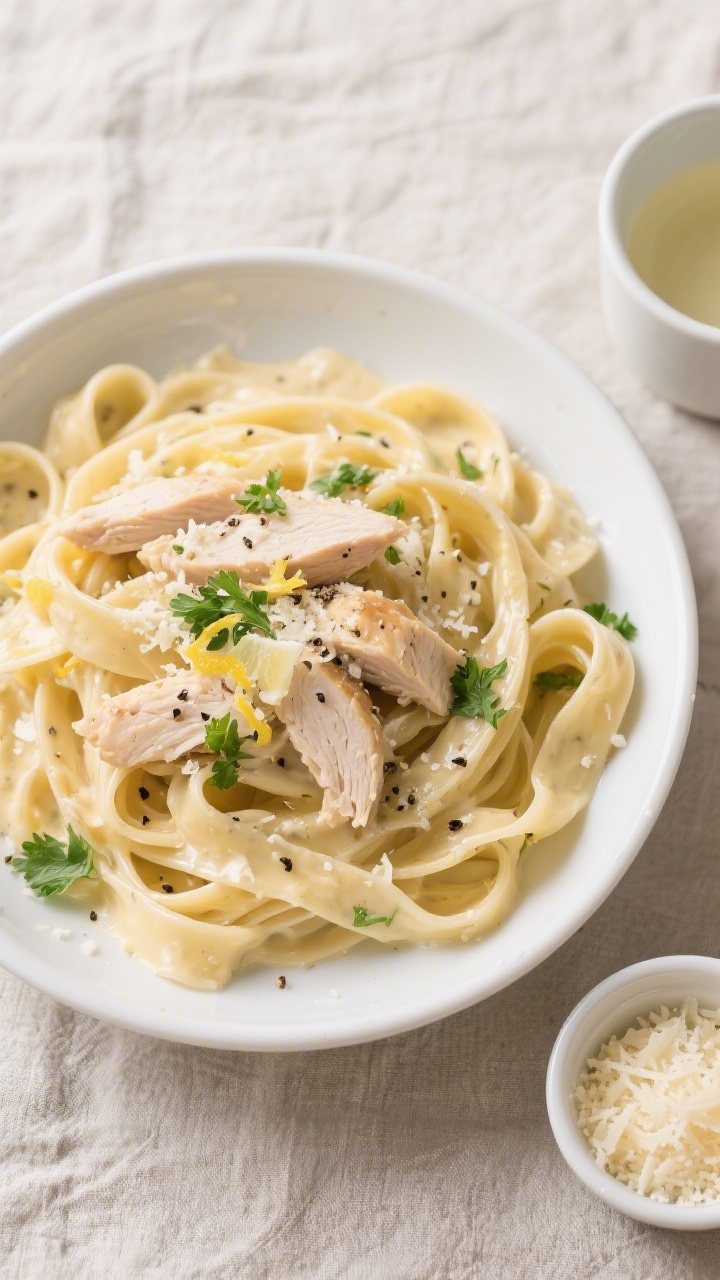 Tasty top view: Overhead shot of high-protein fettuccine Alfredo tossed with juicy chicken, sauce cl