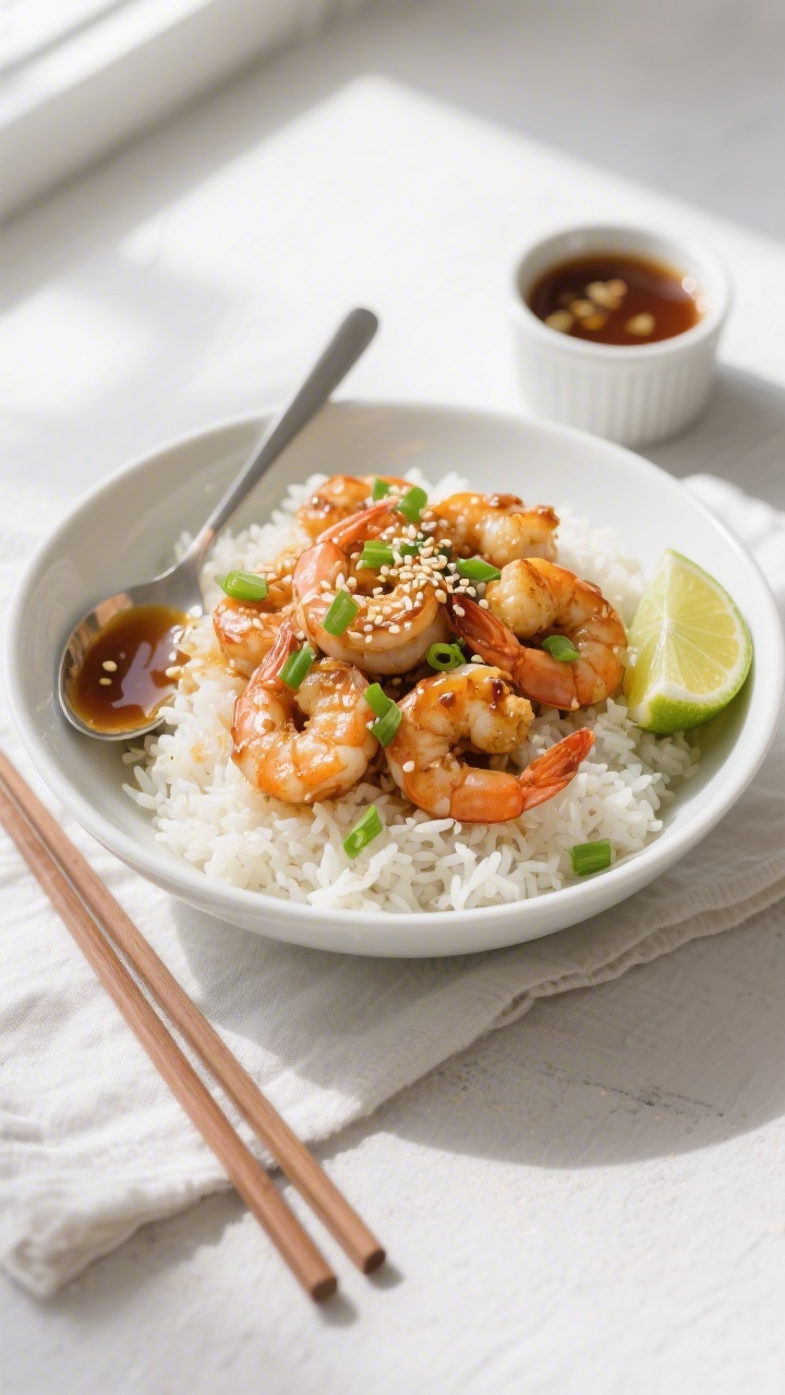 Tasty top view: Overhead shot of honey garlic shrimp piled over fluffy jasmine rice in a wide white