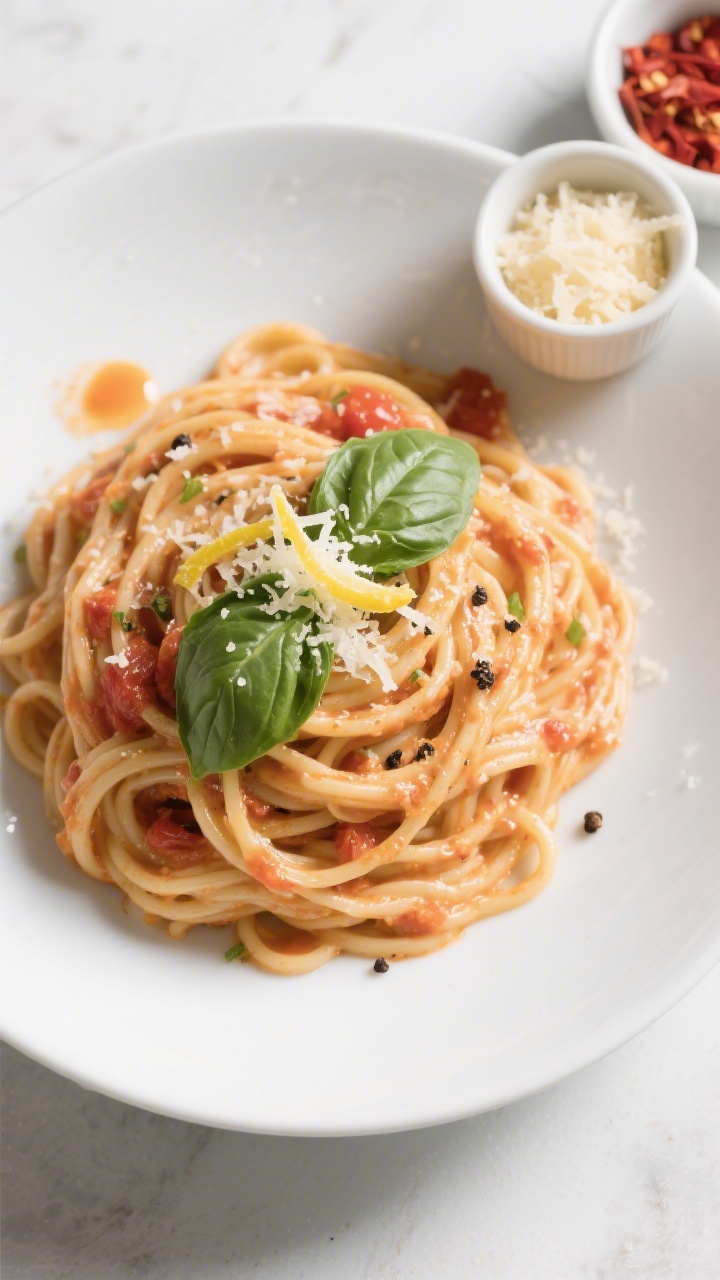 Tasty top view: Overhead shot of linguine coated in light, creamy tomato basil sauce in a wide white