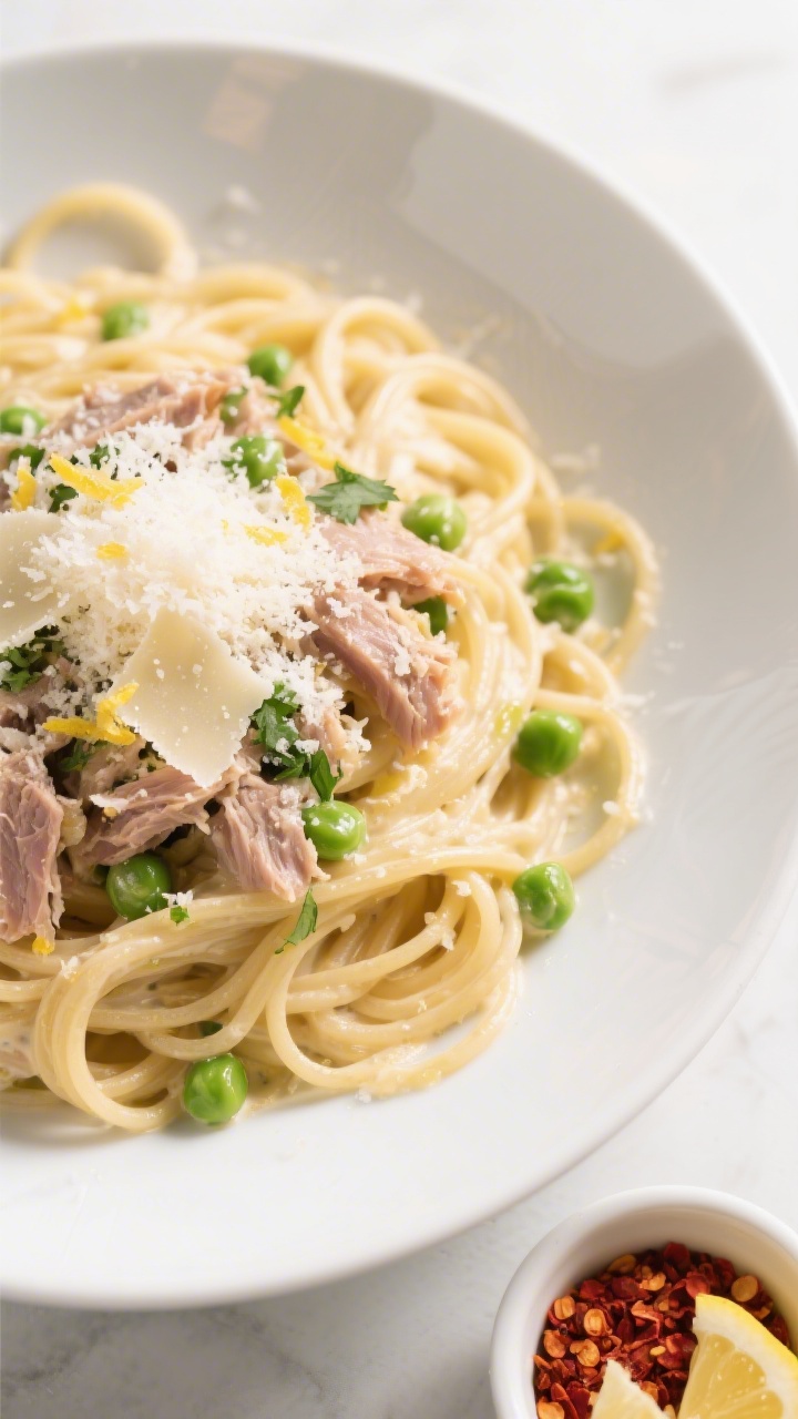 Tasty top view: Overhead shot of spaghetti tossed in silky tuna-cream sauce in a wide, matte-white s